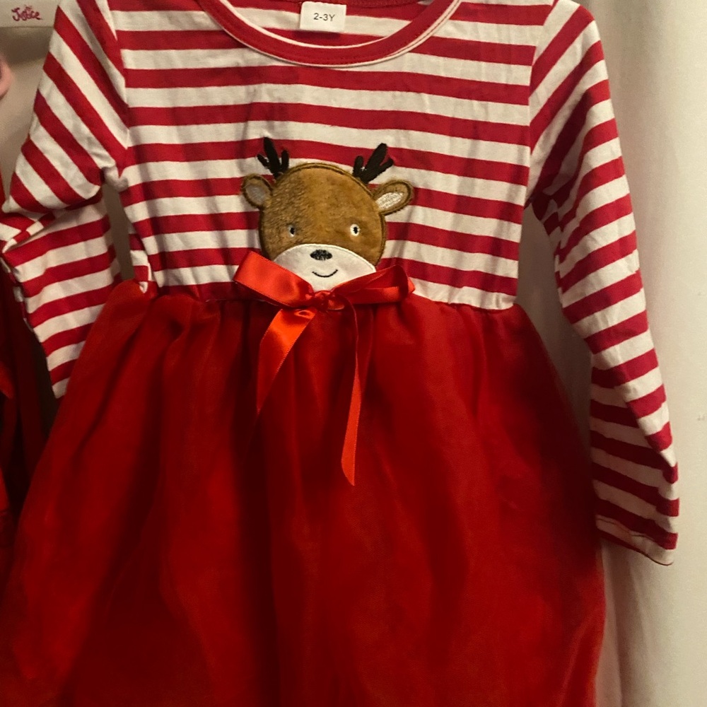 Red and White Striped Kids Dress with Reindeer Design